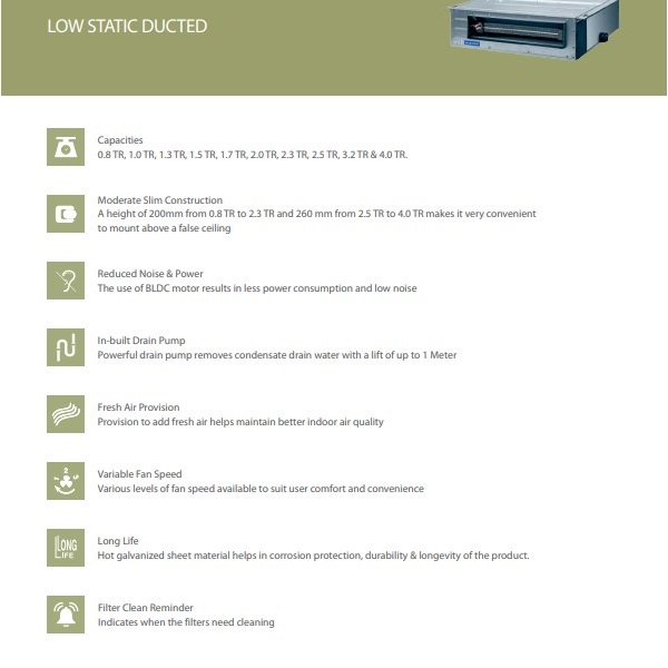 Blue Star VRF Low Static Ducted Indoor Units Specifications
